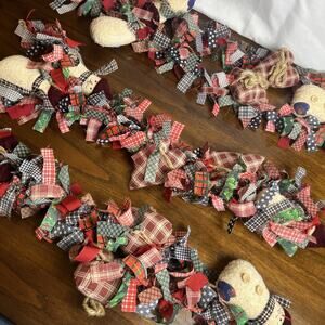 3 Holiday Christmas Rag Garlands Home Decor Red Blue Plaid Hearts & Snowmen 52"